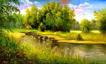 Lonely forest cottage, river, creek, serenity, nice, quiet, reflection, painting, greenery, water, house, beautiful, grass, lonely, cabin, summer, pretty, green, sky, flowers, lovely, calmness, stream HD wallpaper