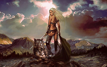 Tiger Girl, cat, digital, art, woman HD wallpaper