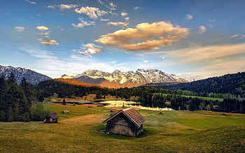mountain lake, Alps, evening, sunset, mountain landscape, lake in the Alps, beautiful sunset HD wallpaper