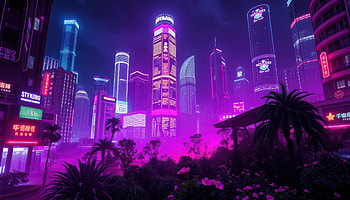 Hong Kong Cyberpunk Metropolis Glowing Skyscrapers, hong-kong, cyberpunk, skyscraper, neon, city, purple, artist, artwork, art, digital-art, ai, deviantart HD wallpaper