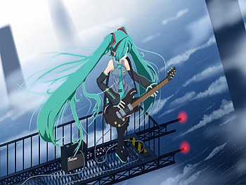 Ready to Play, awesome, nice, hatsune, aqua eyes, white, hatsune miku, twintail, girl, headset, aqua, anime, pretty, virtual, black, heads, guitar, cute, catwalk, bass, beauty, miku, vocaloids, voclaoid, base, program, skirt, city, beautiful, diva, tie, aqua hair, lights, cool, building, clouds, idol, micro HD wallpaper