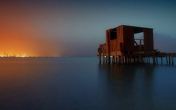 Nature, Sea, Building, Lights, Pier, Wooden, Smooth, Surface, Construction, Dahl, Distance HD wallpaper