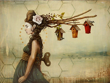 :), painting, art, fantasy, bird, sophie wilkins, pictura, house, girl HD wallpaper