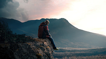 Boy Sitting Alone On High Mountain Rock , alone, graphy, mountains HD wallpaper