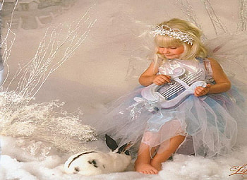 Beatuiful angel, animal, music, beautiful, angel, girl, child, harp, rabbit HD wallpaper