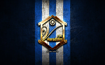 Varazdin FC, golden logo, HNL, blue metal background, football, croatian football club, NK Varazdin logo, soccer, NK Varazdin HD wallpaper