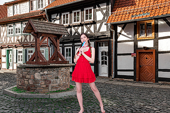 Jersey enjoying a popsicle in Germany, dress, well, brunette, model, germany, houses HD wallpaper
