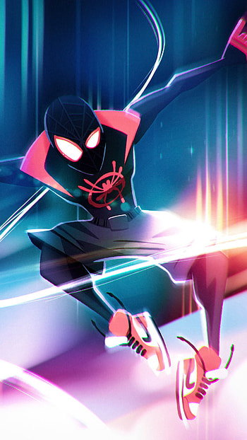 spider man in verse, red, electric blue, magenta, miles morals, nike, spider man, logo HD phone wallpaper