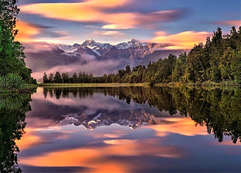 Lake at sunset, trees, sky, sunset, lake HD wallpaper