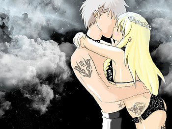 moon lovers , night, girl, kissing, stars, hello kitty, anime, moon, boy, love, couple, sky, amazing HD wallpaper