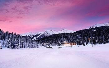 Winter, mountains, sunset, landscape, trees HD wallpaper