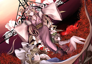 Touhou Style Crucifixion, yakumo ran, cross, crucifix, chen, anime, field, yakumo yukari, red, touhou, girls, flowers HD wallpaper