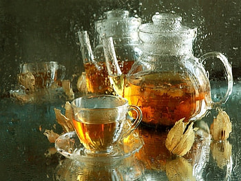 still life, tea, rain, physalis, flower HD wallpaper