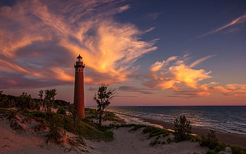 Michigan, Sunset beach, Lighthouse, Sand HD wallpaper