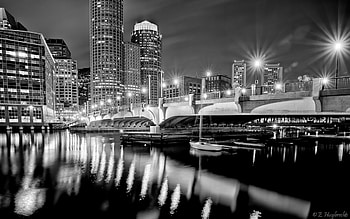 evelyn moakley bridge boston massachusetts, night, bridhe, city, lights, BW, harbor HD wallpaper
