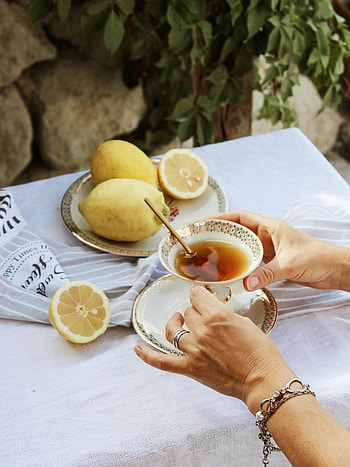 Food, Rings, Cup, Hands, Lemon, Tablecloth HD phone wallpaper