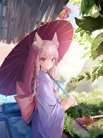Anime, Art, Girl, Umbrella, Kimono, Attire, Outfit HD phone wallpaper