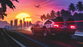 DeLorean Synthwave Sunset, vehicle, DeLorean, Back To The Future, sunset, synthwave HD wallpaper