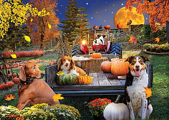 Harvest Hayride, moon, fall, dogs, autumn, trees, colors, cart HD wallpaper