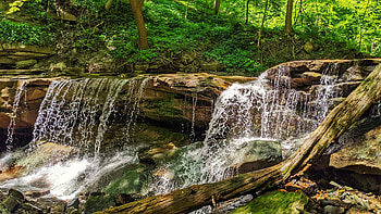 Three's a crowd waterfall, Ontario, trees, river, cascades, rocks, canada HD wallpaper