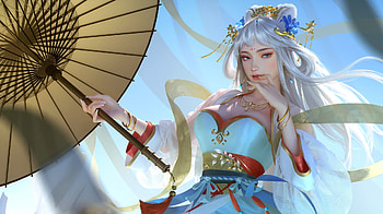 Fantasy girl, yellow, blue, frumusete, yong lee, fantasy, parasol, girl HD wallpaper