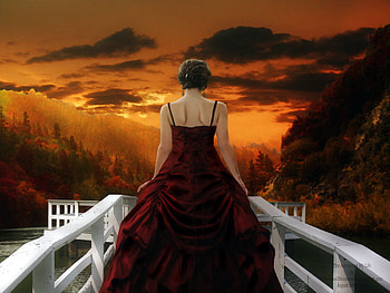 The Autumn of my Life, fantasy, clouds, bridge, autumn, red dress HD wallpaper