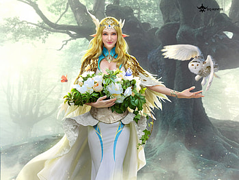 Goddess, frumusete, bird, gorgeous, girl, dqhunter, dq hunter, owl, superb, fantasy, flower, green, bufnita, luminos, pasari, ppasari HD wallpaper