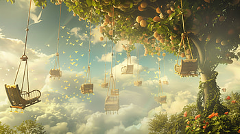 : Dreamy Tree Swings Above the Clouds, swing, landscape, tree HD wallpaper