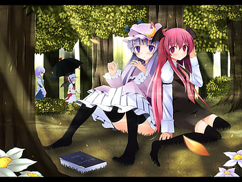 Patchouli Knowledge, umbrella, patchouli knowlege, purple hair, azure, red eyes, red hair, purple eyes, book, remilia scarlet, hat HD wallpaper