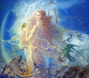 Diana, animal, blue, couple, goddess, kinuko y craft HD wallpaper