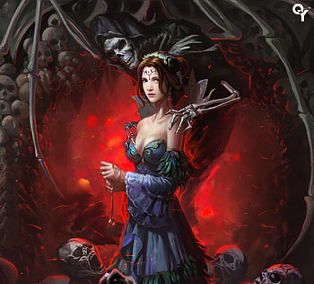 Too soon, blue, skull, girl, dress, death, fantasy, liang xing, red, luminos HD wallpaper