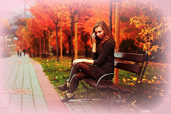 Autumn of Loneliness, colorful, plants, graphy, colors, beautiful girls, walkways, bright, trees, bench, fall, weird things people wear, beautiful, Autumn, portraits, people, seasons, creative pre-made, leaves, softness beauty, lovely, loneliness HD wallpaper