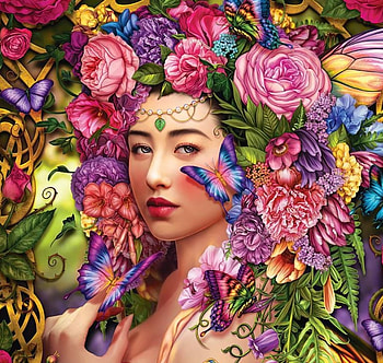 Fairy, colorful, pink, butterfly, fantasy, art, flower, face HD wallpaper