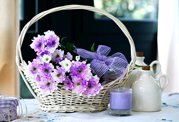 Flowers, Chrysanthemum, Registration, Typography, Bow, Basket, Candle HD wallpaper