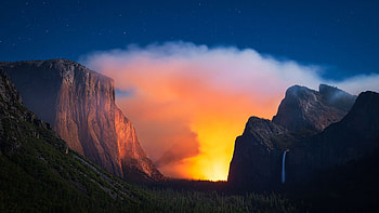 Prescribed fire burning through the night in Yosemite National Park in California, california, valley, clouds, mountains, usa HD wallpaper