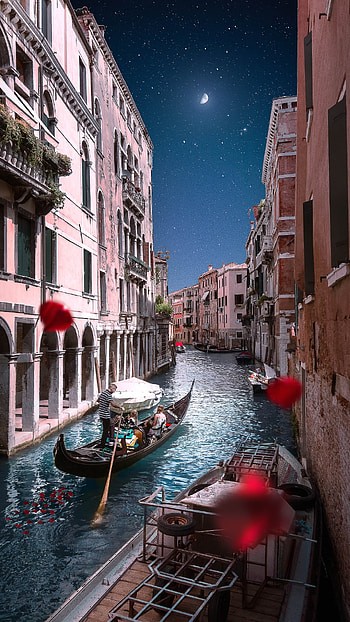 Venice, sky, moon, water, boat, italy, gondola HD phone wallpaper