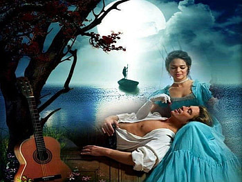 Romantic Night, night, boat, sea, laughter, smile, man, guitar, talk, romance, woman, rest, moon, tree flower, cloud HD wallpaper