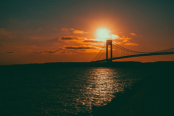 Nature, Sunset, Sea, Bridge HD wallpaper