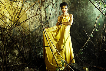 The dark of glowing earth, earth, model, glowing, yellow, dress, forest, woman, dark HD wallpaper