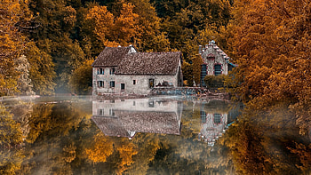 The valley of the river Loup, Scey-en-Varay, France, autumn, trees, water, house, reflections HD wallpaper