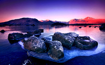 Sunrise, winter, colorful, frozen, landscape, colors, rocks, lake, reflection, clouds, nature, sky, mountains HD wallpaper