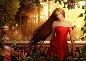 Secret Garden, jessica truscott, art, garden, girl, beautiful, long hair, red dress, nice, woman, digital, fantasy, pretty, flowers, lovely, female HD wallpaper
