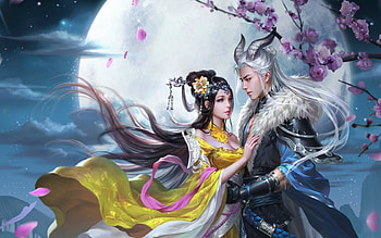 Fantasy couple, night, blue, frumusete, horns, man, girl, spring, pink, moon, fantasy, flower, yellow, sakura, couple, luna, luminos HD wallpaper