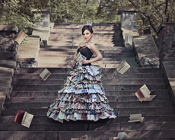 Beauty in Stairs, books, model, stairs, woman HD wallpaper