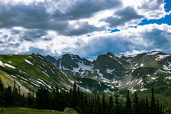 Breathtaking view of snow-capped mountains under dramatic clouds in Denver, Colorado. HD wallpaper