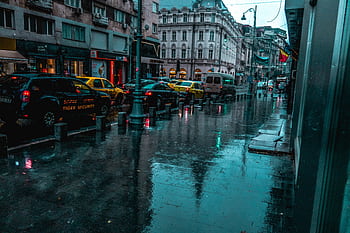 A wet city street with traffic and classic architecture, reflecting calm ambiance on a rainy day. HD wallpaper
