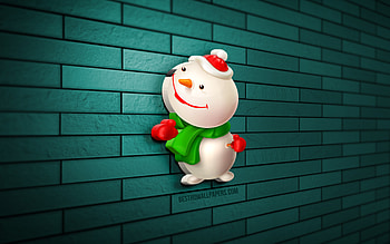 3D Snowman, , blue brickwall, Christmas decorations, Cartoon Snowman, Happy New Year, Merry Christmas, Snowman Icon, 3D art, Snowman, xmas decorations HD wallpaper