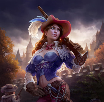 Lenaelle, loc, fantasy, anna steinbauer, red, girl, musketeer, hat HD wallpaper