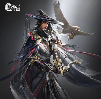 Fantasy man, fantasy, hat, man, samzzz jin, bird, crossbow HD wallpaper