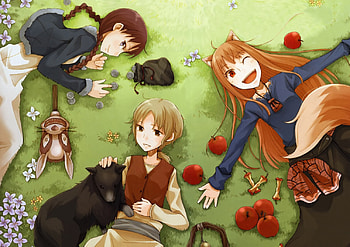 ~Holo, Chloe & Norah~, dog, Norah Arendt, Spice and Wolf, mask, grass, chloe, apples, anime, Enek, girls, holo, flowers HD wallpaper